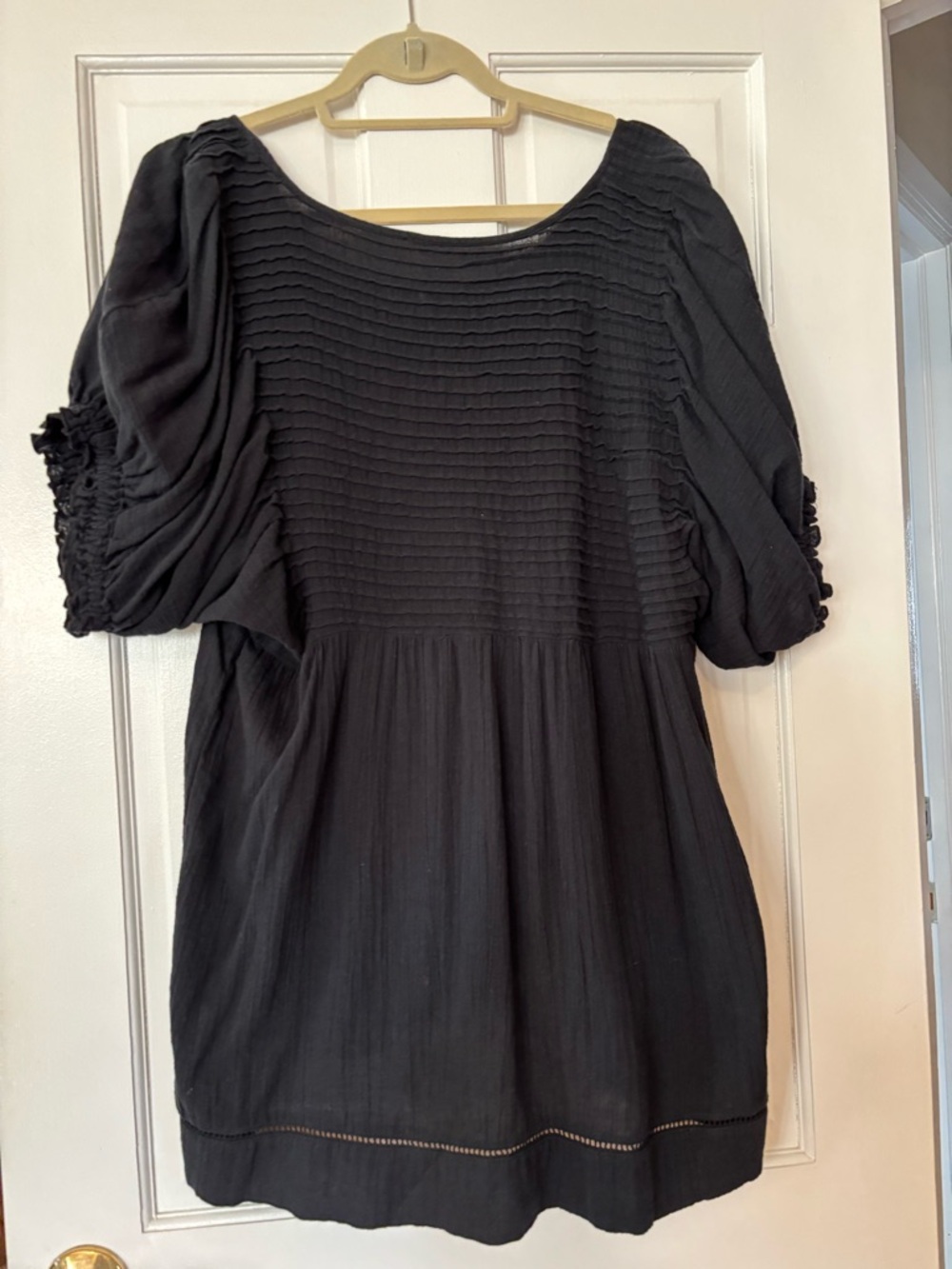 Free People Black Smocked Puff-Sleeve Tunic